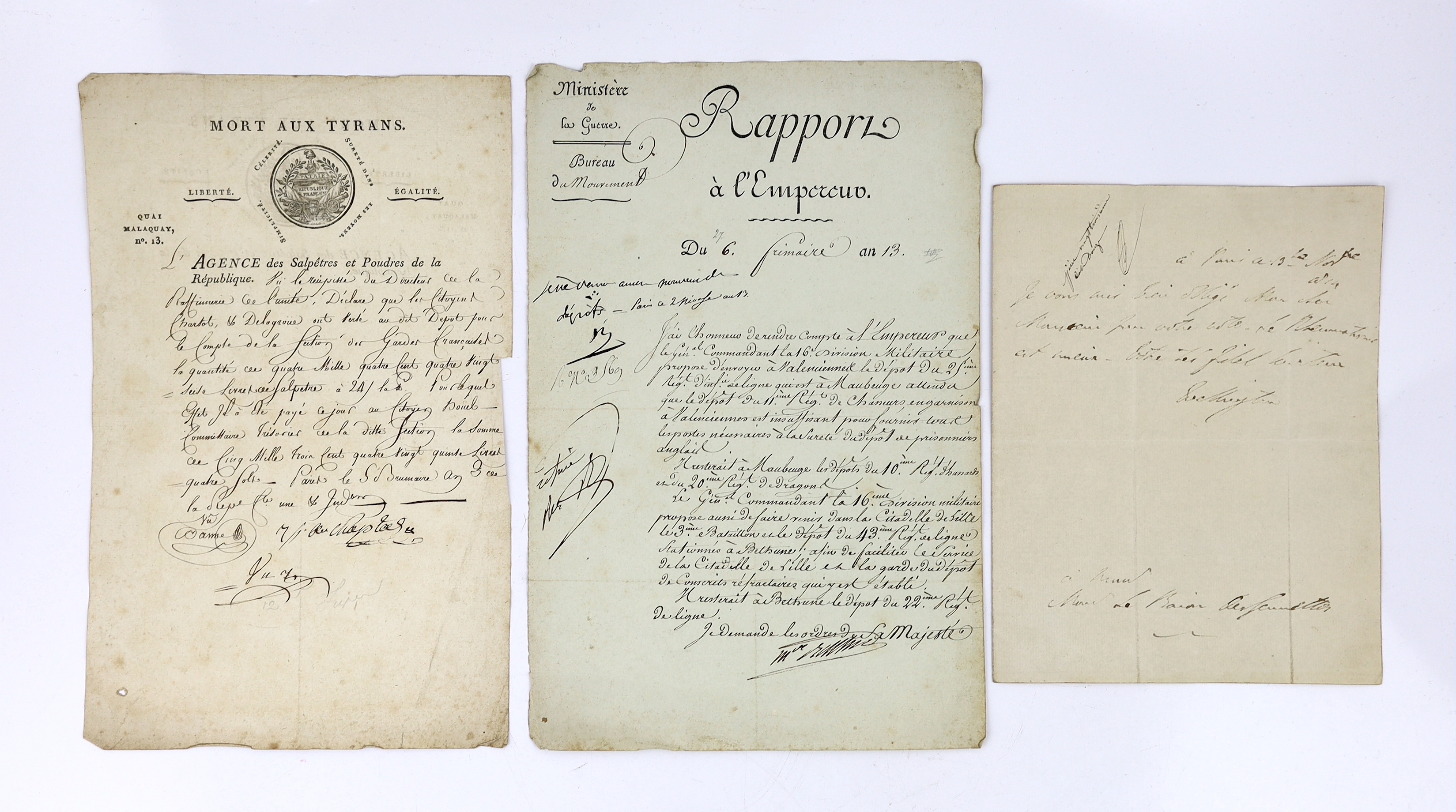 Revolutionary France, 1794-1814, i. Agency of saltpetre and powders of the Republic, Quai Malaquay 13; note of the delivery by Citizens Chartot and Delagroüe of 4496 pounds of gunpowder at 24 sous a pound for the French